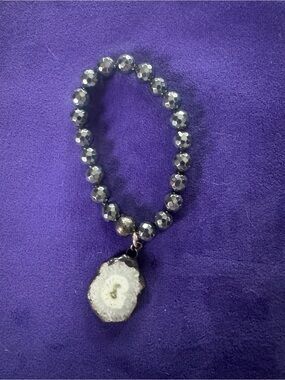 Faceted Hematite Bead Bracelet with White Druzy Pendant
